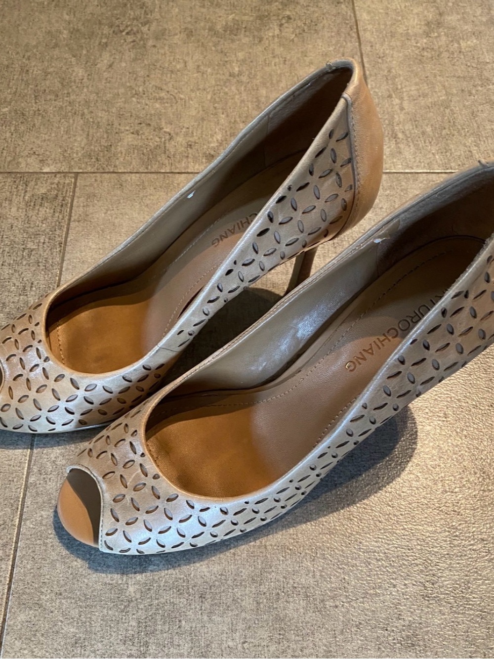 Leather Peep-Toe Laser-Cut Heels in Beige
